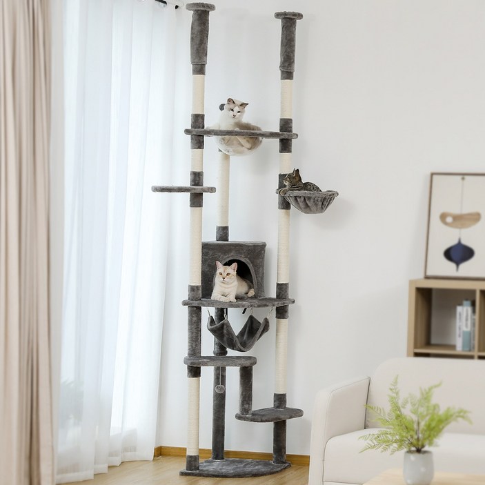PAWZ Road 6단 대형 플러시 패브릭 캣폴,천장 고정형 트윈 기둥 높이 조절 캣타워 236CM258CM,스크래쳐 기둥숨숨집해먹, 1개, 그레이
