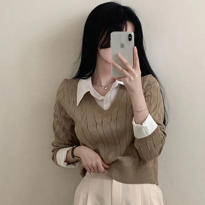 예쁨시전 스쿨룩 대학생 개강룩 페이크 셔츠 긴팔 봄 니트