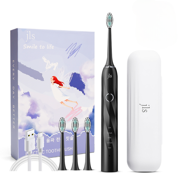 JLS 최신형 스마트 음파 전동칫솔 본체+칫솔모 4개+휴대케이스 1년 2번만 충전