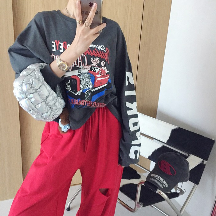 [아이미마인] 드라이빙 프린팅 소매 레터링 라운드 세미크롭 루즈핏 여름 간절기 긴팔티셔츠 (3color)
