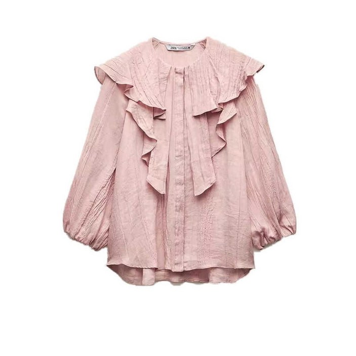 긴팔 러플 루즈핏 벌룬 프릴 블라우스 핑크 하객룩