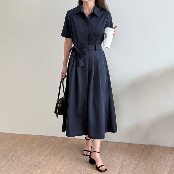 자넷 카라 허리 핀턱 셔츠 롱원피스 (2color)