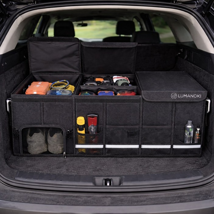 차량용 트렁크 정리함 프리미엄 방수 접이식 대용량 자동차 수납박스 분리형 커버 수납함, 블랙