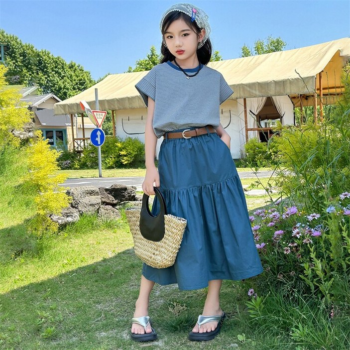 비엔스 여아 여름 원피스 초중생 단가라 벨트 치마 투피스 주니어 의류