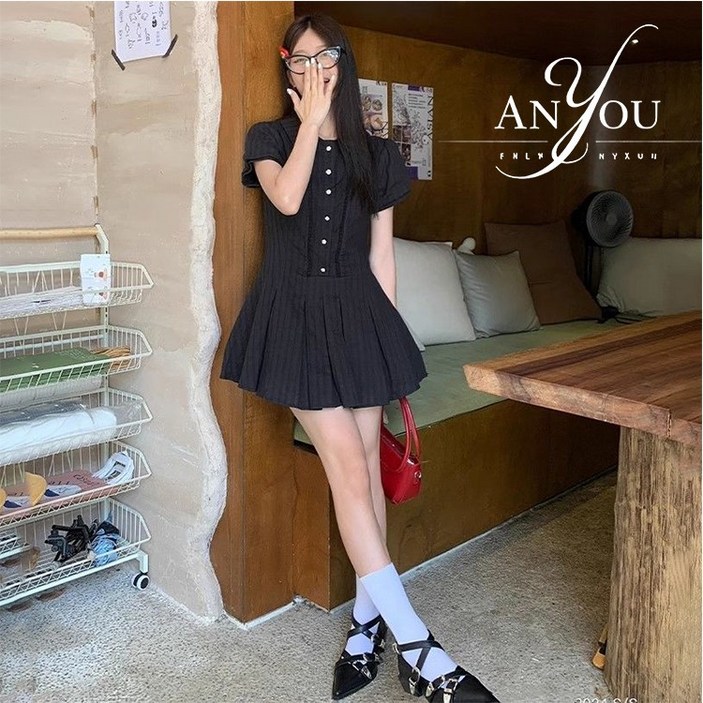 ANYOU 여름 여성 반팔원피스 심플 슬림핏 원피스 카라 셔츠 미니원피스