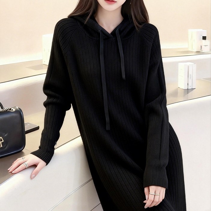 24시간 동안 번개 같은 할인 KDNC 여성 긴팔 후드티 니트 원피스 캐주얼 심플한