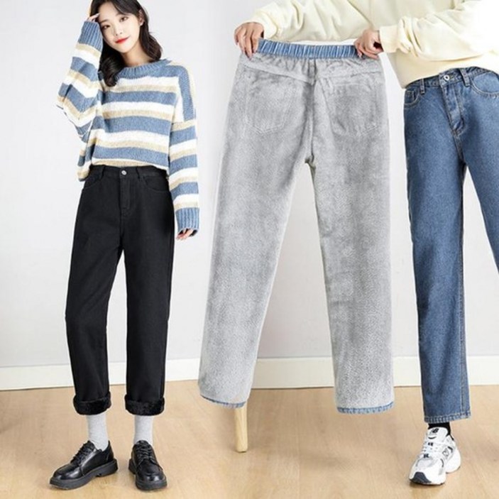 키작녀 9부 일자 밍크 기모청바지 밴딩 데님팬츠 연청 블랙