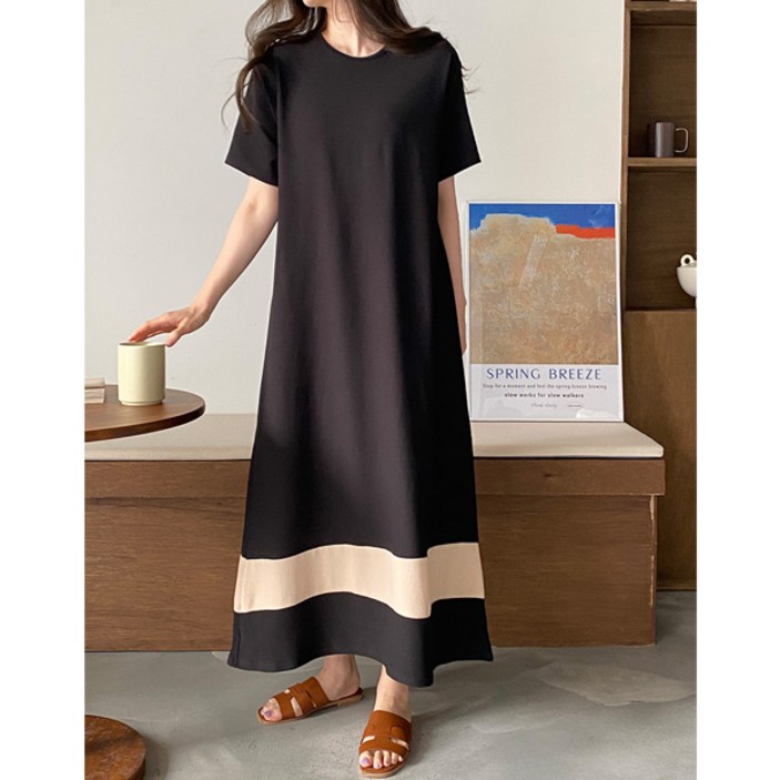 마이쏭 여성 빅사이즈 루즈핏 여름원피스 체형커버 반팔원피스 유라클배색롱원피스