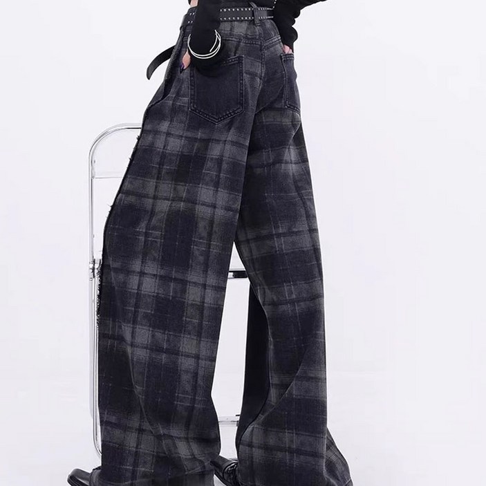 KC1780체크 패치 데님 와이드 팬츠