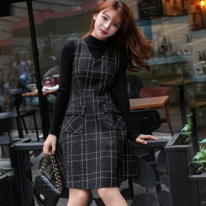 트위드원피스세트 반목폴라 니트티 투피스 레이어드 코디세트