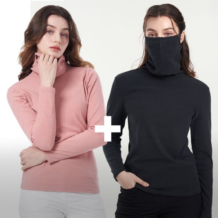 [투엘라] (1+1) 여성 겨울 고밀도 기모 마스크넥 마스크일체형 티셔츠