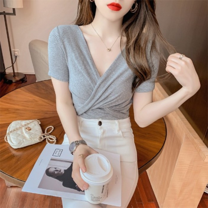 브이넥 반팔 티셔츠 여자 여름