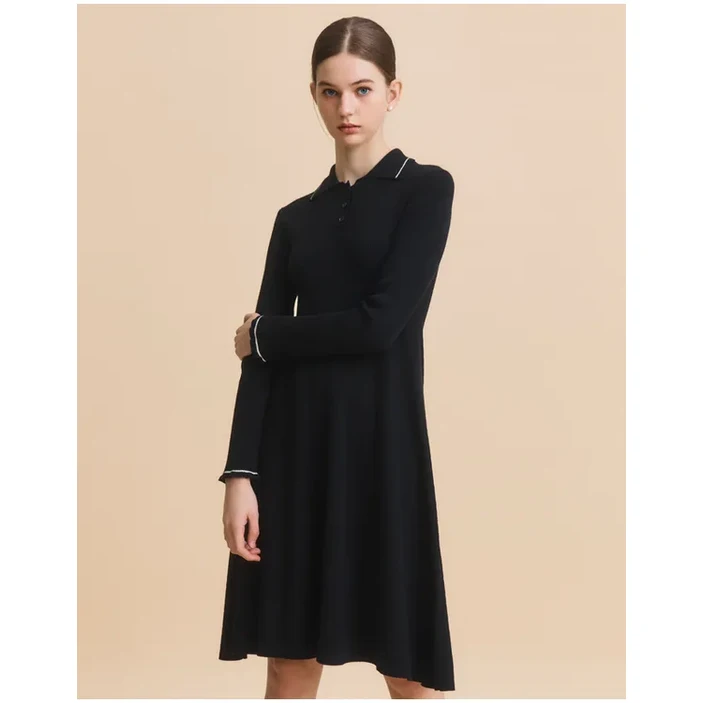 헤지스 HAZZYS 여성 블랙 라인배색 울혼방 니트 원피스