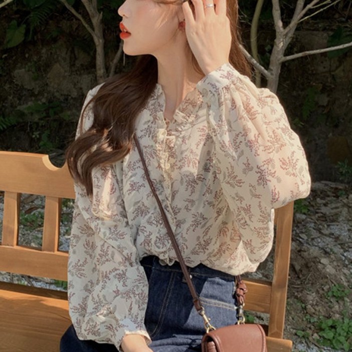 차르르 잔꽃 프릴 레이스 블라우스 러블리 쉬폰 플라워 포인트 블라우스 오피스룩 데이트룩 벌룬소매 3컬러