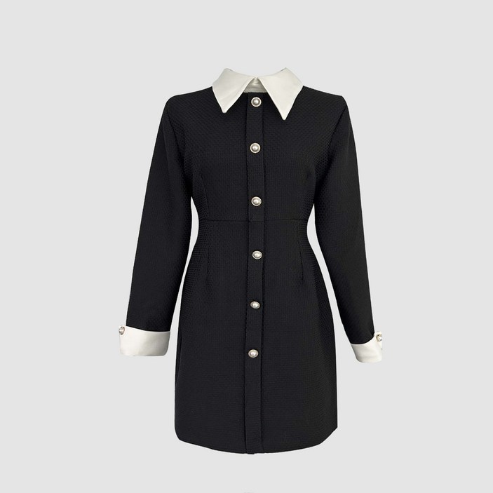 르네스 진주 버튼 카라 배색 트위드 미니 원피스