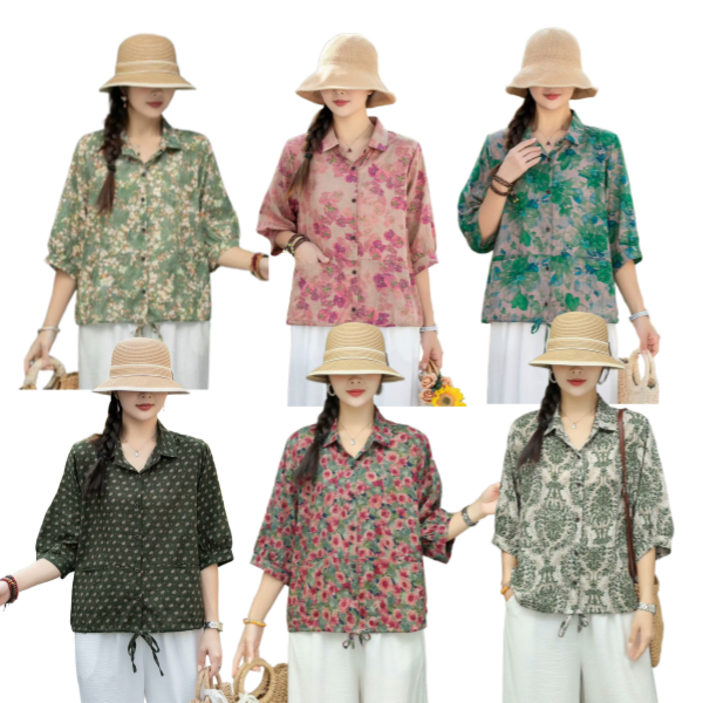 산다미로 엄마옷 50대 면마 7부소매 체크 꽃 블라우스 빅사이즈 순면 남방 카라셔츠