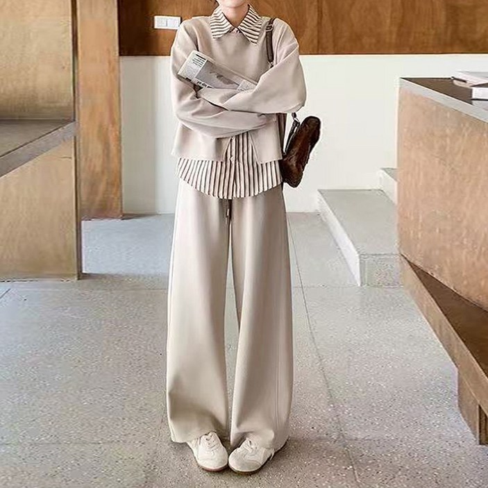 [린호]쓰리피스(민소매스트라이프셔츠+트임풀오버+와이드팬츠)