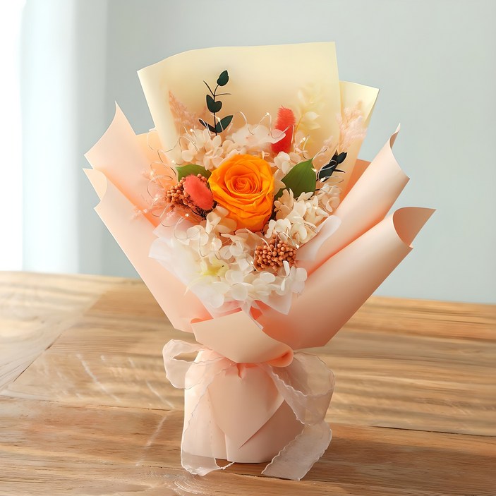 뷰티풀데코센스 생화 프리저브드 LED전구 꽃다발 + 핸들 캐리어, 오렌지, 1개