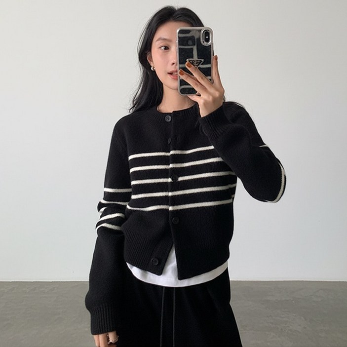 탐리프 여성 스트라이프 라운드 니트 가디건