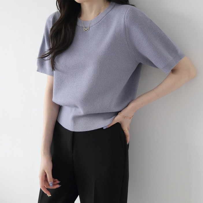 제니트 여성 루즈핏 라운드넥 데일리룩 비스코스 볼륨 소매 반팔 니트 선셋반팔