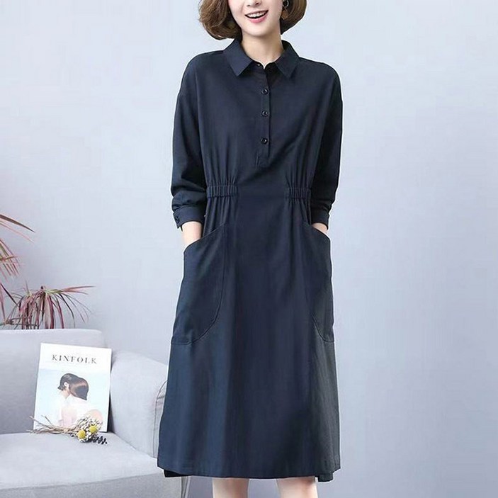 ORZQU 여성 가을 린넨 원피스 캐주얼 긴팔 면마 중년 엄마 빅포켓 허리 조임 A라인 스커트