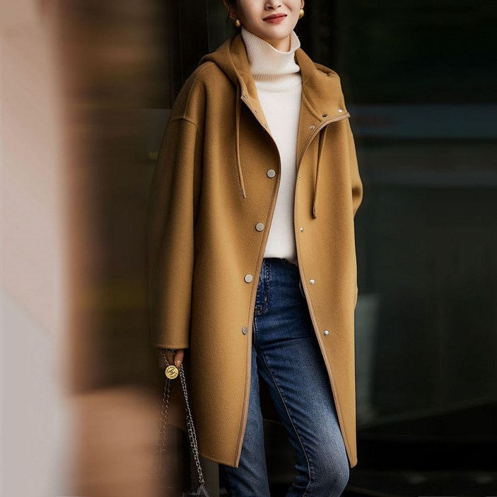 이유무무 NQ220 여성 캐주얼 후드 긴팔 모직 미디 코트