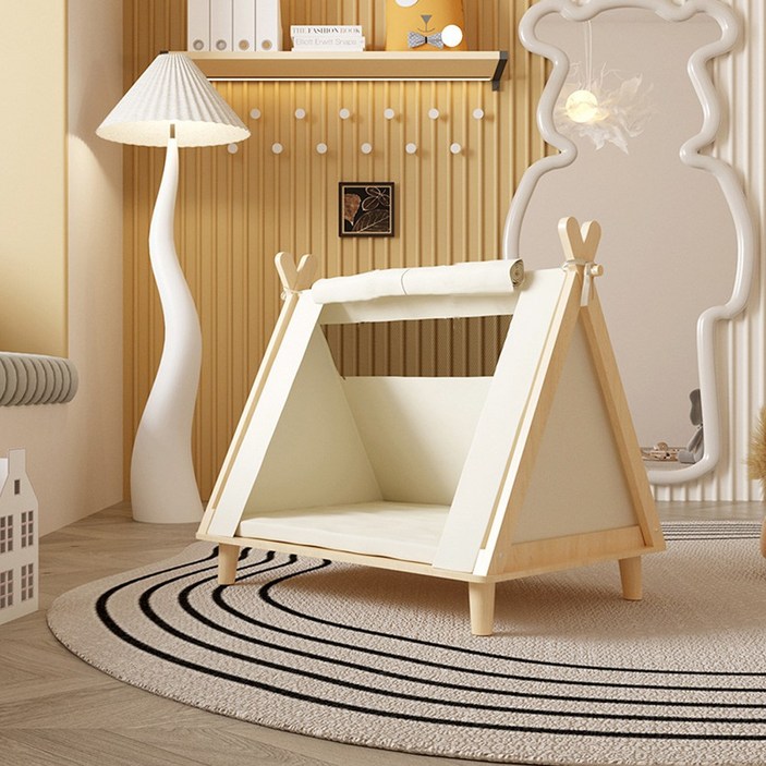 강이지 고양이 하우스 침대 애견 반려묘 숨숨집 텐트 반려동물 개집 쿠션 방석, 1개, 베이지