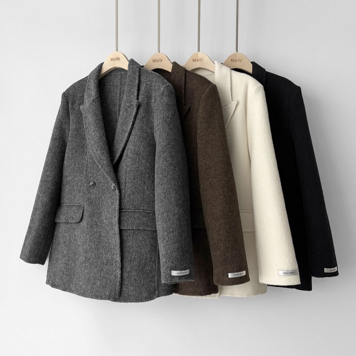 메일린 핸드메이드 하프 헤링본 울 양모 더블 하객 겨울 여자 여성 롱 자켓 반 숏 코트