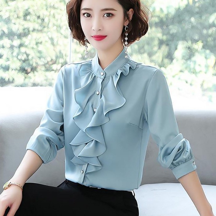 ROYALBELLE 여성 프릴 러플 카라넥 버튼 셔츠 긴팔 데일리 오피스 셔츠 E01020511