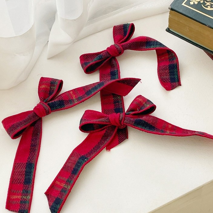 모직 체크 로맨틱 리본 끈 크리스마스 리본, 그린