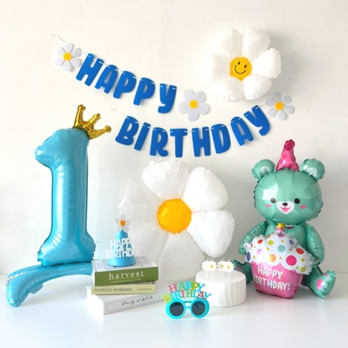 풍선가랜드 하피블리 크라운 숫자풍선 생일초 블루 생일파티용품세트, 생일가랜드(블루)숫자1