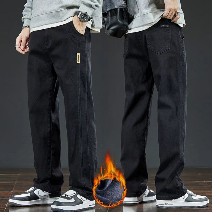 wassup 남자 청바지 겨울 스판 일자핏 통바지 남성 기모 청바지