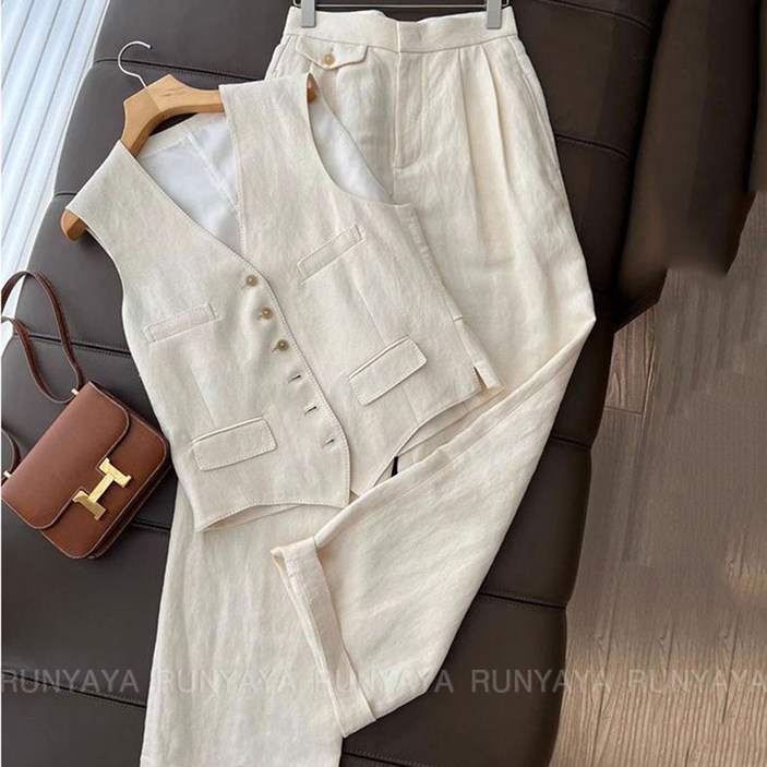 면 마 베스트 민소매 자켓 + 와이드 팬츠 뒤밴딩 통바지 투피스 린넨 상하의  D88U