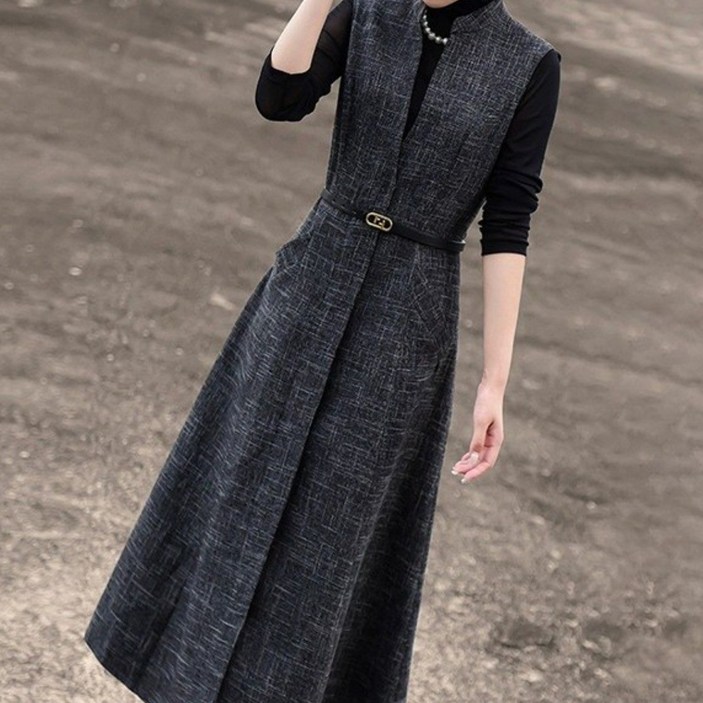 AOKADA 여성 가을 겨울 슬림핏 민소매 오피스룩 하객룩 롱 원피스