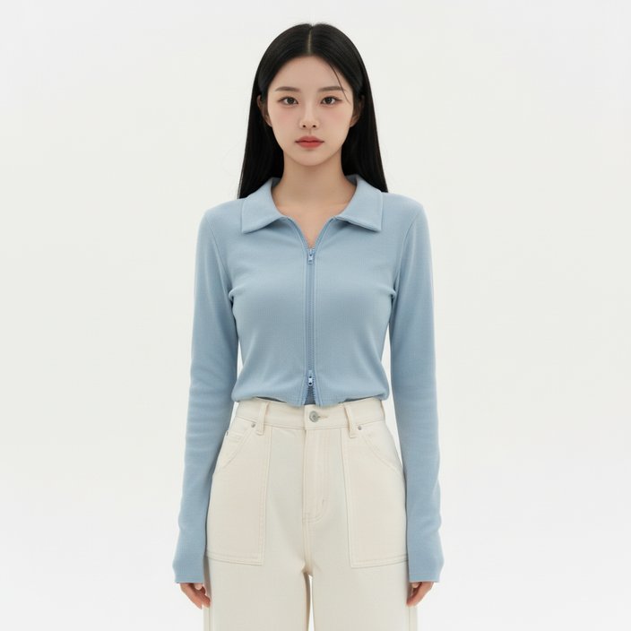 마켓피아 골지 크롭 투웨이 집업 카라넥 긴팔티셔츠