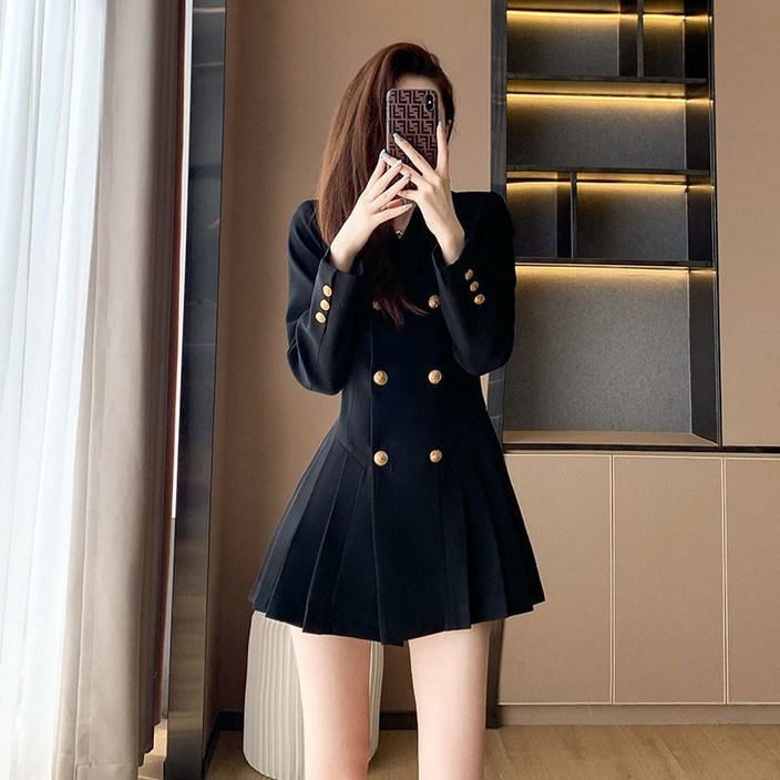 ANYOU 원피스 여성 정장원피스 플리츠 스커트 더블 버튼 블랙원피스 ANYOU 원피스 여성 정장원피스 플리츠 스커트 더블 버튼 블랙원피스