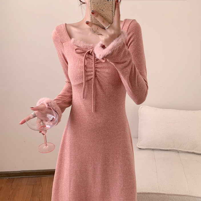 가을 겨울 이너 이너 이너 코트 원피스 퍼 트리밍 홀터넥 스트랩 허리 여밈