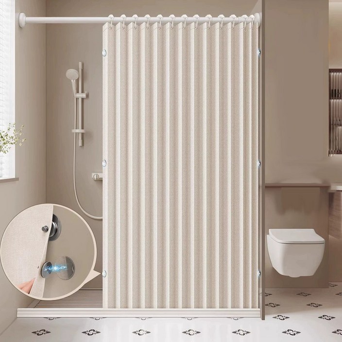 Norbei 욕실 샤워커튼 프리미엄 패브릭 방수 양측 자기흡인 건습분리 화장실 가림막 공간분리, 1개, 베이지