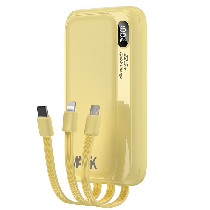 WAPIK PD 22.5W 일체형 대용량 보조배터리 고속충전 M1 10000mAh QC3.0 잔량표시, 옐로우