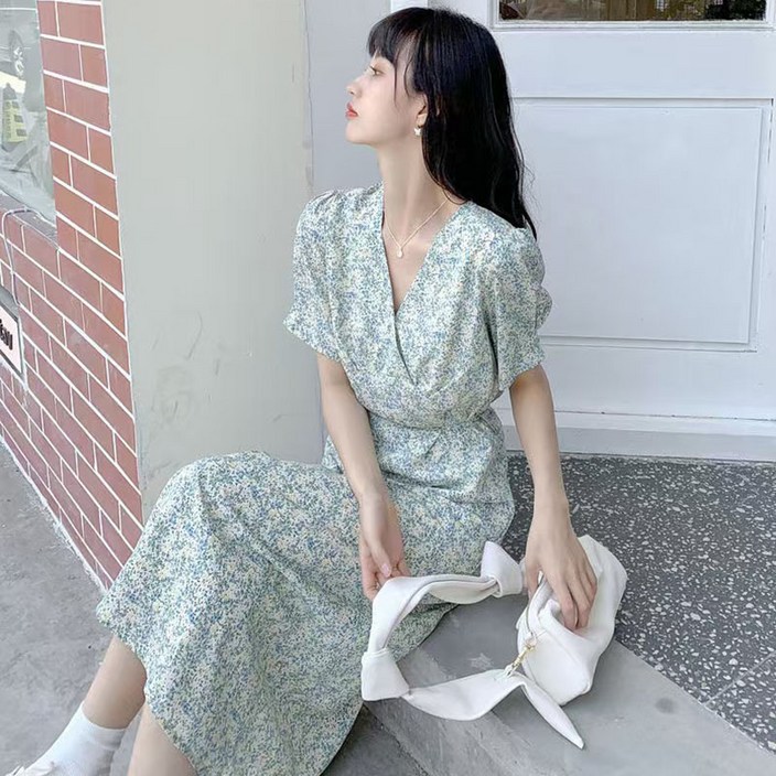 BIKASU 여성 여름 휴양지 원피스 브이넥 플라워 퍼프 쉬폰 롱원피스