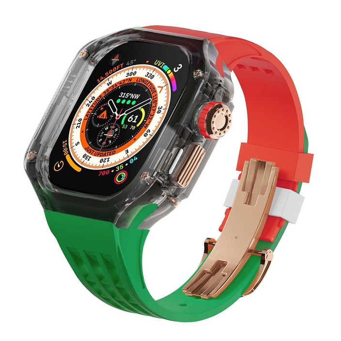 다비드 애플워치용 호환 플립형 일체형 스트랩 9 8 7 se 울트라 호환, 03.블랙케이스(로즈)-그린레드스트랩, 1개