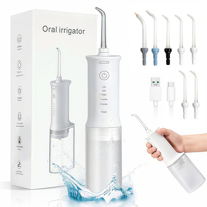 kemei 무선 휴대용 구강세정기 IPX7 방수 7개 노즐팁 구강관리 가족용 및 여행용, 화이트