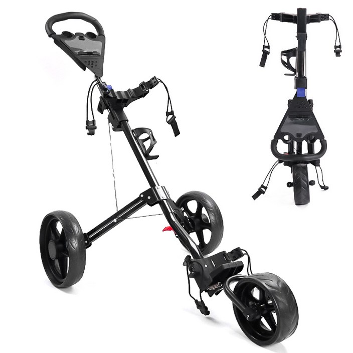 Zoomland 접이식 3륜 골프 카트 경량 캐디라이트 휴대용 골프백 운반차 대용량 수납 가볍고 힘 안드는 미끄럼방지 디자인 블랙, 1개, 흑색