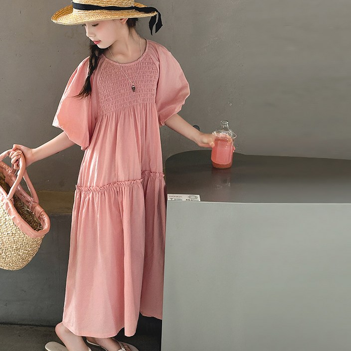 빠빠야네 키즈 주니어 여아 핑크셔링 루즈오버핏 롱롱원피스 여름