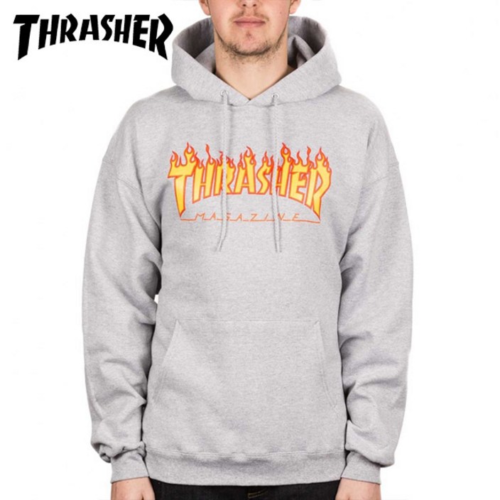 트레셔 플레임 불꽃 로고 THRASHER 그레이 후드티