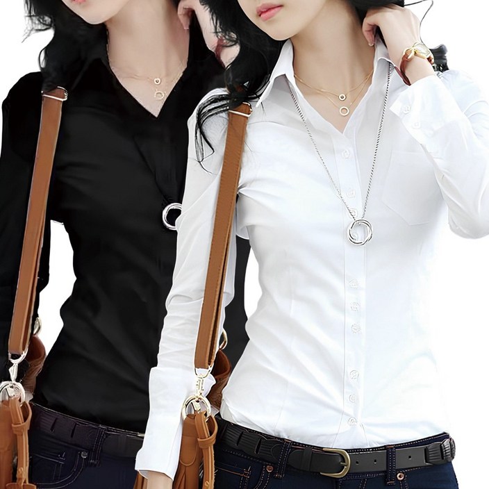11 로로비 여성 슬림핏 긴팔 셔츠 셔링 블라우스 기본 베이직 긴팔 화이트 블랙 와이셔츠