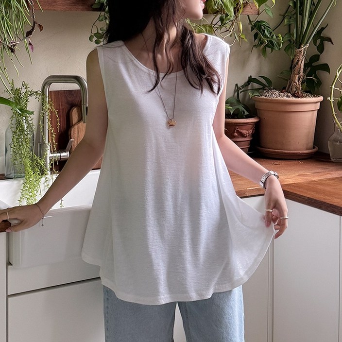 데일리앤 델먼 여성 린넨 민소매 티셔츠 여름 무지 루즈핏 롱 플레어 훌 나시