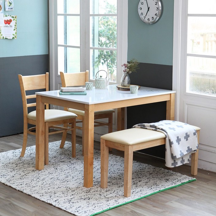 베스트리빙 캘빈 내츄럴 고광택 하이그로시 4인용 식탁 테이블 세트의자4개 의자2개2인벤치, 내츄럴아이보리방석