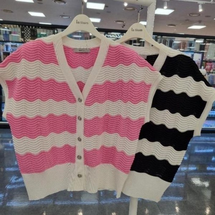 Destijl HC34 여름 물결배색 캡소매 브이넥여름숏니트가디건 D2523cd03