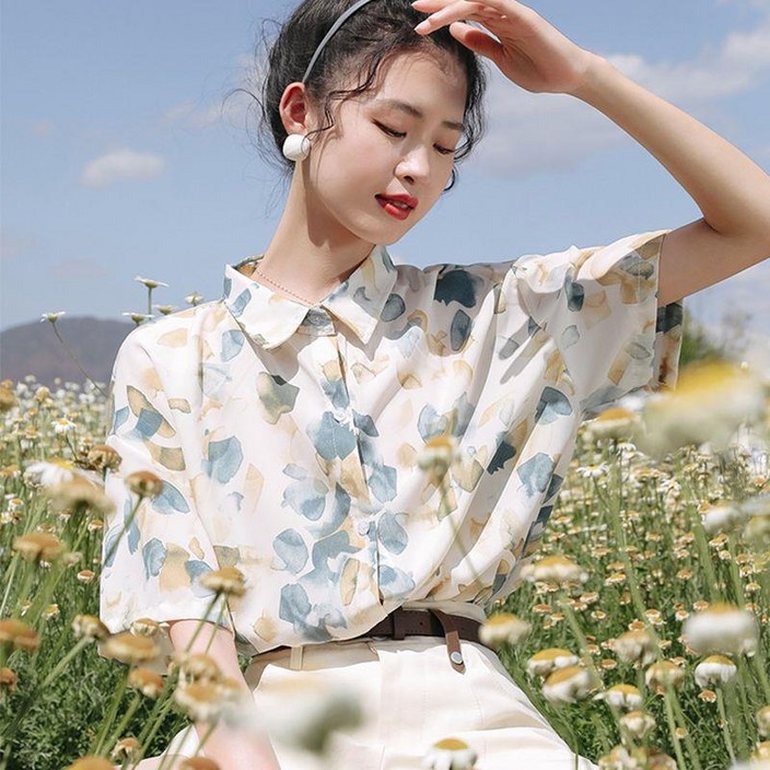 ANYOU 여성 여름 링클프리 베이직 블라우스 반팔 꽃무늬 루즈핏 셔츠
